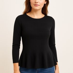 ANN TAYLOR LOFT Black Wool Blend Ribbed Peplum Sweater Medium